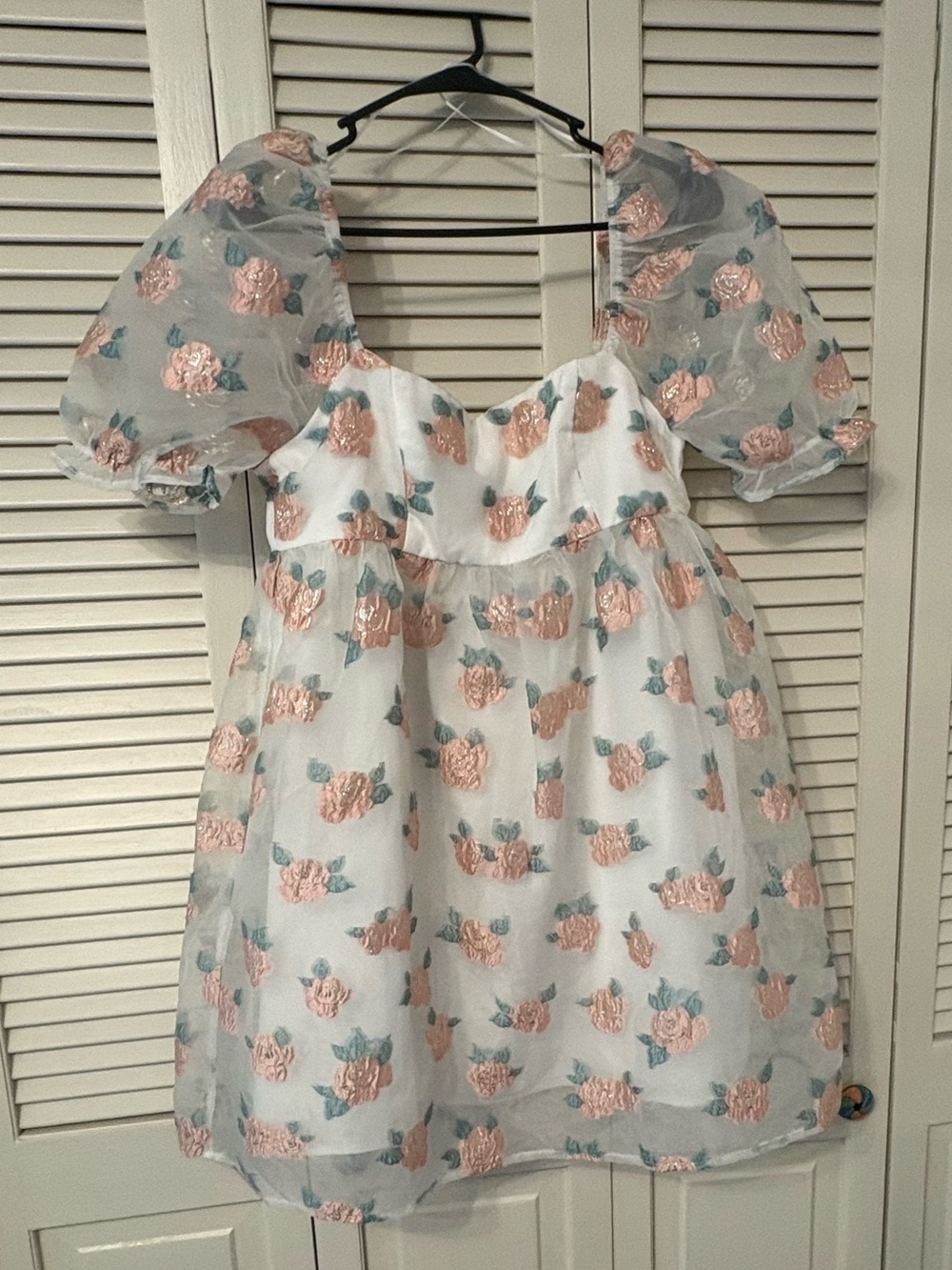 Altar'd State White Babydoll Dress with Pink Rose Embroidery